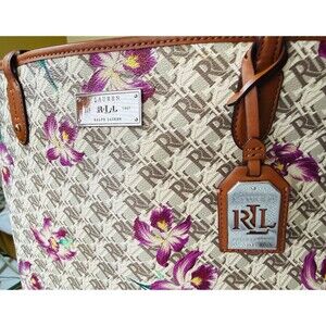 RALPH LAUREN Belknap Canvas Gray Monogram Orchid Floral Tote Bag Handbag